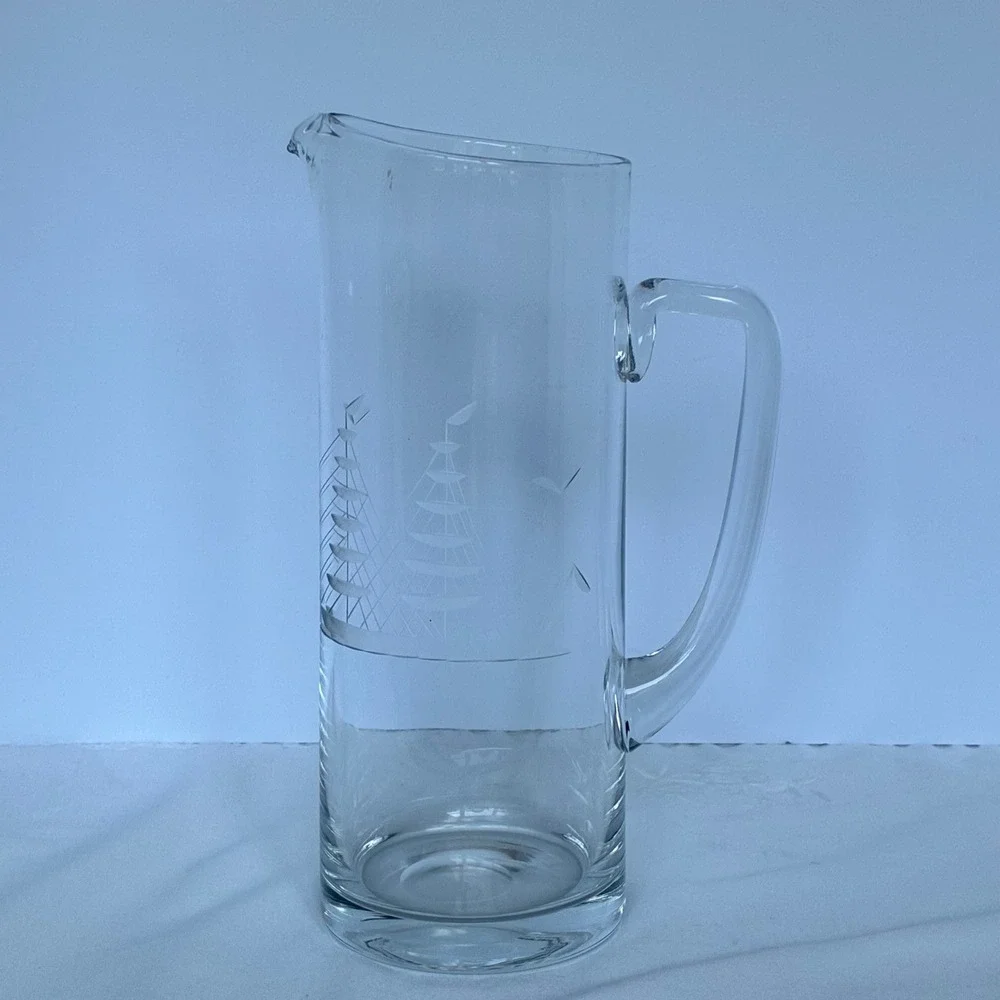 MidCentury Glass Pitcher Etched Sailboat Nautical Coastal Barware Maritime Beach